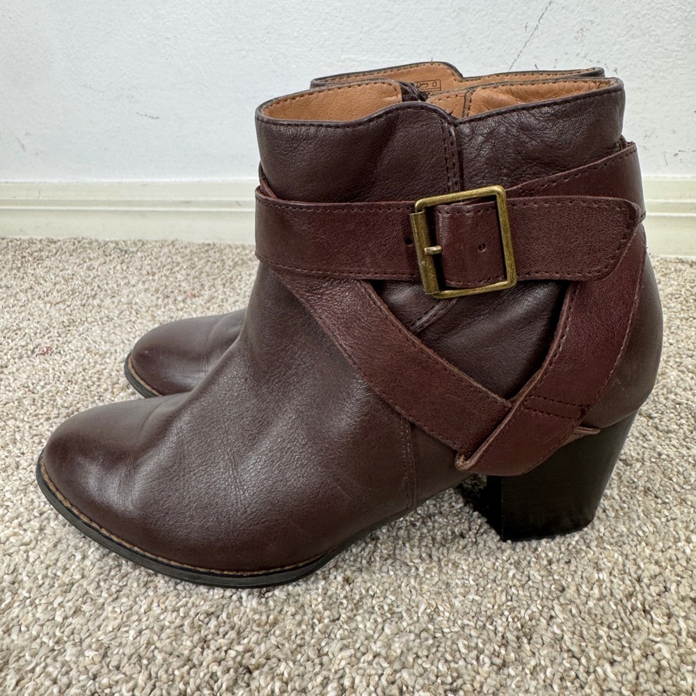 Vionic Trinity Brown Leather Buckle Ankle Boots TVW5300 Block Heel Womens 8